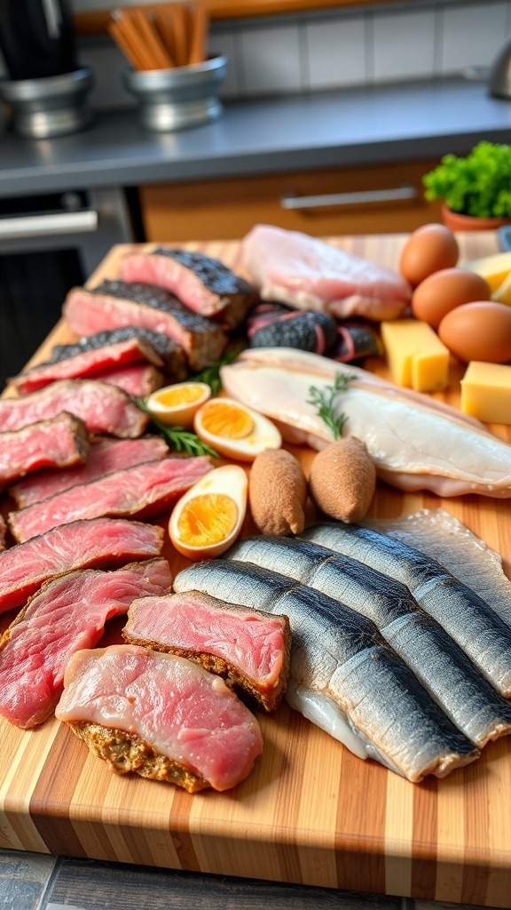 An assortment of meats, eggs, and cheese representing a carnivore diet meal prep.
